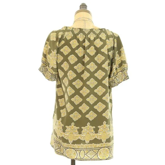 Joie Masha Silk Peasant Top S Short Sleeve Geometric Green Oversized EUC B76 - Picture 3 of 3